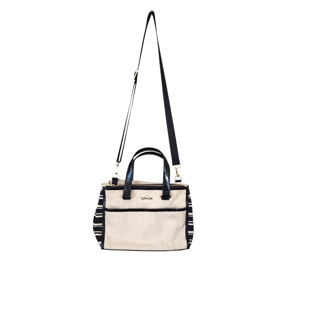Kipling Cream Black Striped Patent Leather‎ Satchel Crossbody Bag Womens